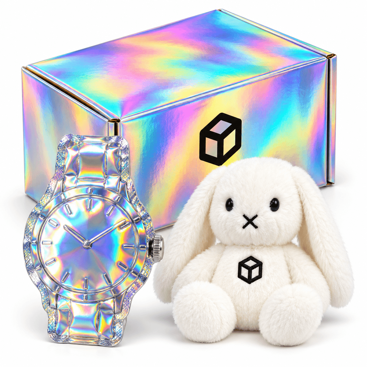 Holographic custom box, watch-shaped mylar bag and plush bunny with the DYE CUT LAB cube logo